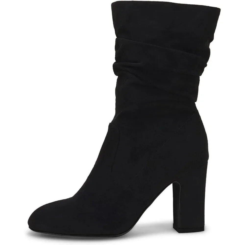 Women's Black Microfiber Mid Calf High Chunky Heel Block Rounded Toe Booties - Picture 4 of 6